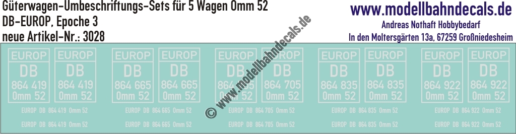 "Nass-Schiebebilder: 5x2 Umbeschriftungs-Sets für Güterwagen Gattung Omm 52, DB-EUROP, Epoche 3. Artikel-Nummer: 3028"