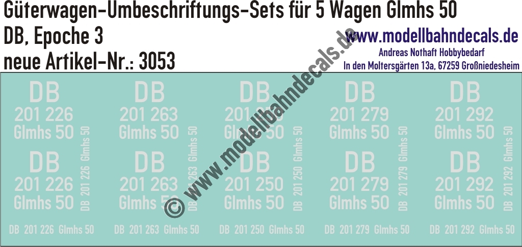 "Nass-Schiebebilder: 5x2 Umbeschriftungs-Sets für Güterwagen Gattung Glmhs 50, DB, Epoche 3. Artikel-Nummer: 3053"