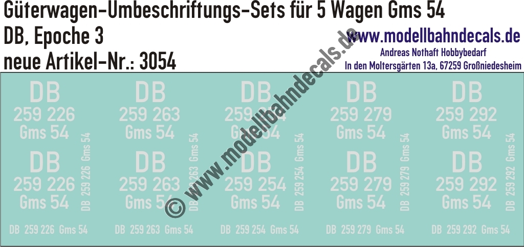 "Nass-Schiebebilder: 5x2 Umbeschriftungs-Sets für Güterwagen Gattung Gms 54, DB, Epoche 3. Artikel-Nummer: 3054"