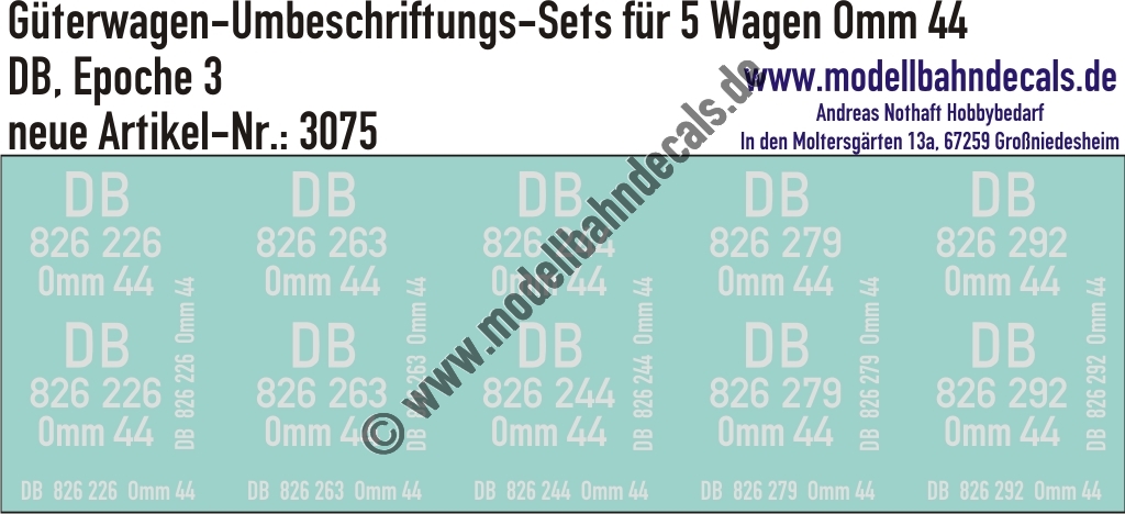 "Nass-Schiebebilder: 5x2 Umbeschriftungs-Sets für Güterwagen Gattung Omm 44, DB, Epoche 3. Artikel-Nummer: 3075"