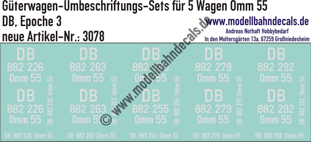 "Nass-Schiebebilder: 5x2 Umbeschriftungs-Sets für Güterwagen Gattung Omm 55, DB, Epoche 3. Artikel-Nummer: 3078"