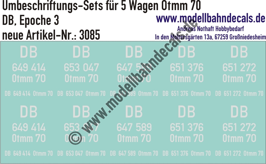 "Nass-Schiebebilder: 5x2 Umbeschriftungs-Sets für Güterwagen Gattung Otmm 70, DB, Epoche 3. Artikel-Nummer: 3085"