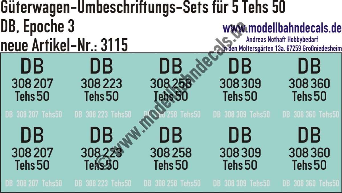 Nass-Schiebebilder: 5x2 Umbeschriftungs-Sets für Kühlwagen Tesh 50, DB, Epoche 3. Artikel-Nummer: 3115