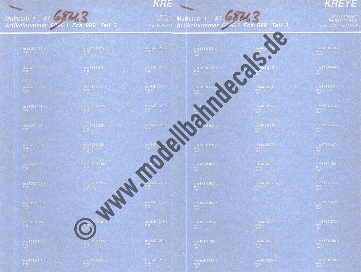 "Nass-Schiebebilder: 35x2 Güterwagennummern (Seitenwand) DB Fcs 90 , Weiss (Auslaufartikel - kann nicht neu aufgelegt werden). Artikel-Nummer: 3168"