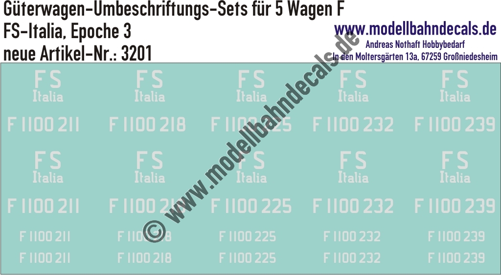 "Nass-Schiebebilder: 5x2 Umbeschriftungs-Sets für Güterwagen Gattung F, FS-Italia, Epoche 3. Artikel-Nummer: 3201"