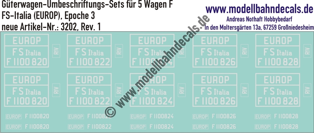 "Nass-Schiebebilder: 5x2 Umbeschriftungs-Sets für Güterwagen Gattung F, FS-Italia (EUROP), Epoche 3. Artikel-Nummer: 3202"