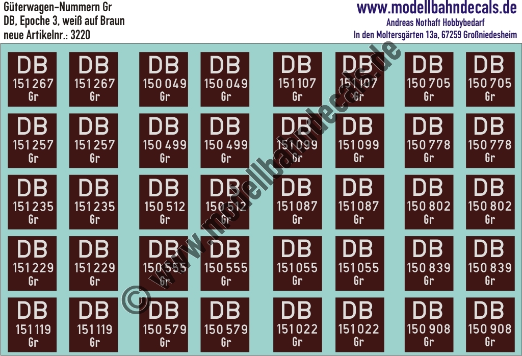 "Nass-Schiebebilder: 20x2 Güterwagennummern DB Gr 20, Weiss auf Braun. Artikel-Nummer: 3220"