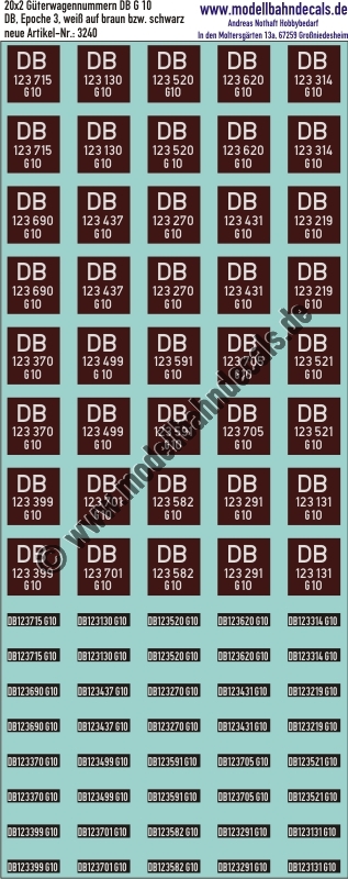 "Nass-Schiebebilder: 20x2 Güterwagennummern DB G 10, Weiss auf Braun bzw. Schwarz. Artikel-Nummer: 3240"