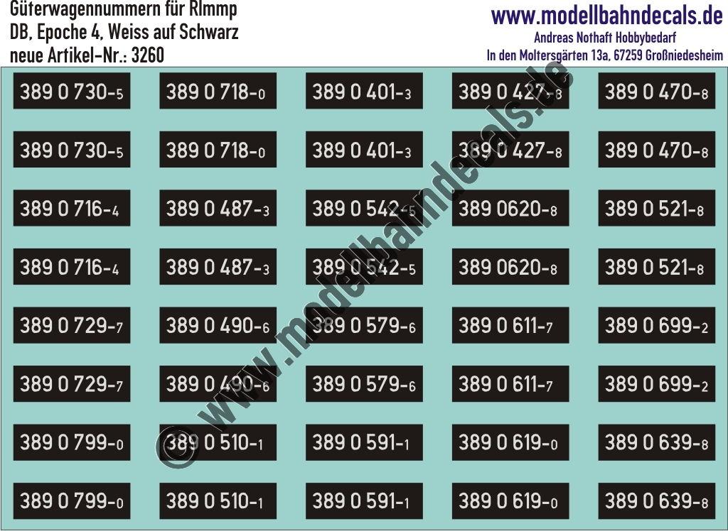 "Nass-Schiebebilder: 20x2 Güterwagennummern DB Rlmmp , Weiss auf Schwarz. Artikel-Nummer: 3260"