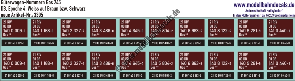 "Nass-Schiebebilder: 10x2 Güterwagennummern DB Gos 245, Weiss auf Braun bzw. Schwarz. Artikel-Nummer: 3305"