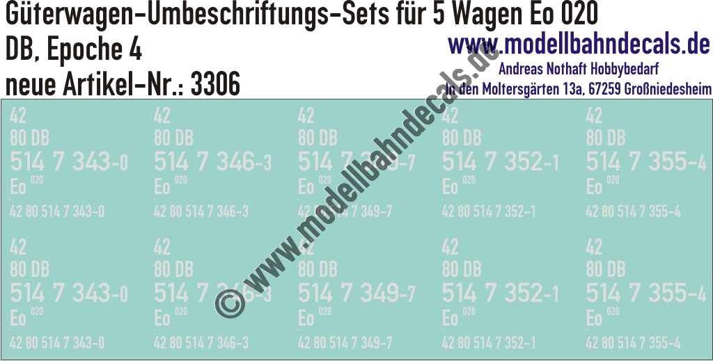 "Nass-Schiebebilder: 5x2 Umbeschriftungs-Sets für Güterwagen Gattung Eo 020, DB, Epoche 4. Artikel-Nummer: 3306"