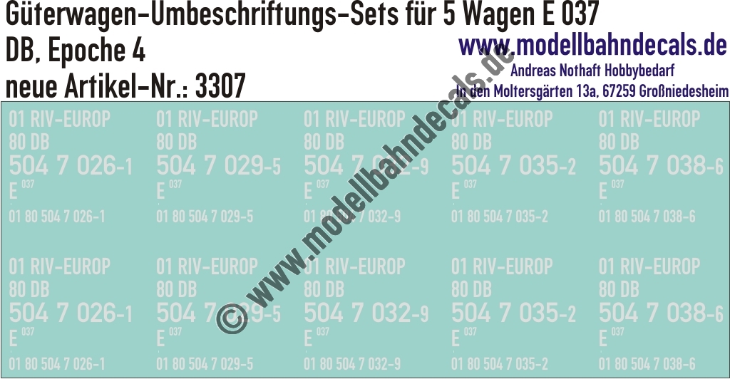 "Nass-Schiebebilder: 5x2 Umbeschriftungs-Sets für Güterwagen Gattung E 037, DB, Epoche 4. Artikel-Nummer: 3307"
