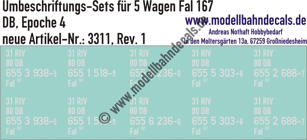"Nass-Schiebebilder: 5x2 Umbeschriftungs-Sets für Güterwagen Gattung Fal 167, DB, Epoche 4. Artikel-Nummer: 3311"
