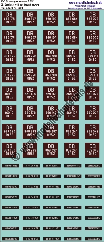 "Nass-Schiebebilder: 20x2 Güterwagennummern DB Off 52, (Weiss auf Braun, bzw. auf Schwarz). Artikel-Nummer: 3320"
