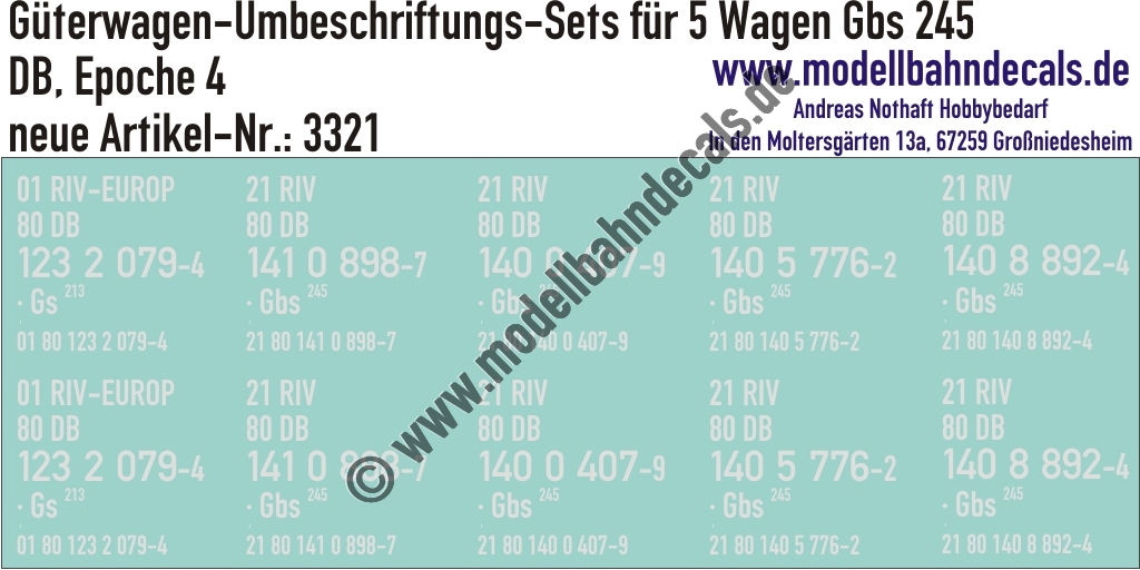 "Nass-Schiebebilder: 5x2 Umbeschriftungs-Sets für Güterwagen Gattung Gbs 245, DB, Epoche 4. Artikel-Nummer: 3321"