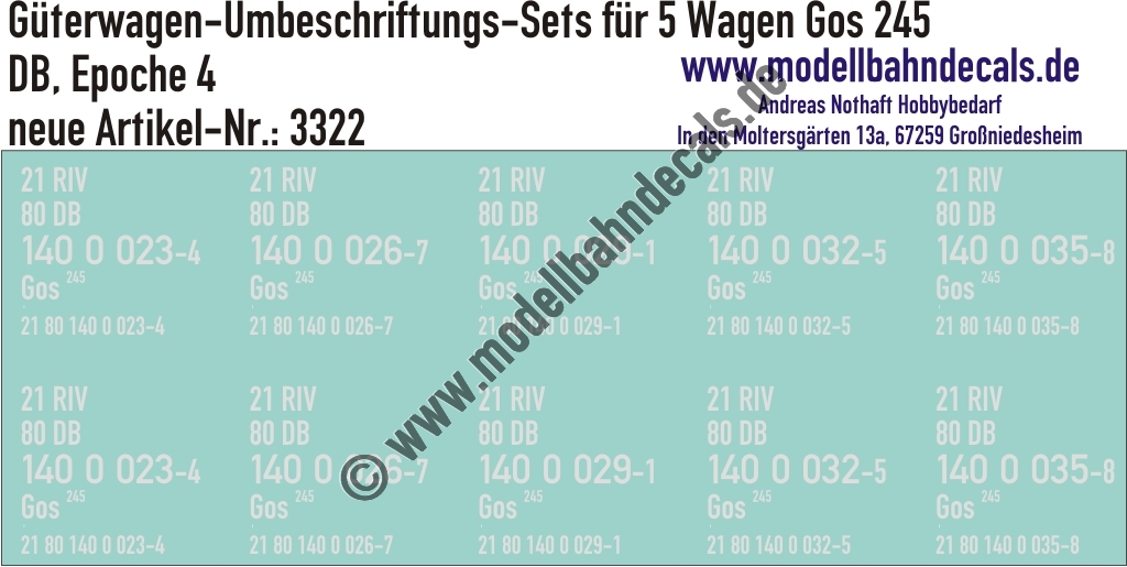 "Nass-Schiebebilder: 5x2 Umbeschriftungs-Sets für Güterwagen Gattung Gos 245, DB, Epoche 4. Artikel-Nummer: 3322"
