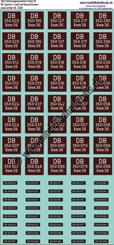 "Nass-Schiebebilder: 20x2 Güterwagennummern DB Kmm 36, (Weiss auf Braun, bzw. auf Schwarz). Artikel-Nummer: 3340"