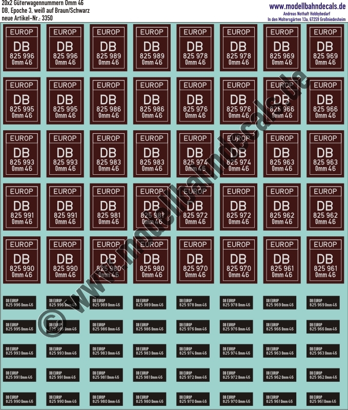 "Nass-Schiebebilder: 20x2 Güterwagennummern DB-EUROP Omm 46, (Weiss auf Braun, bzw. auf Schwarz). Artikel-Nummer: 3350"