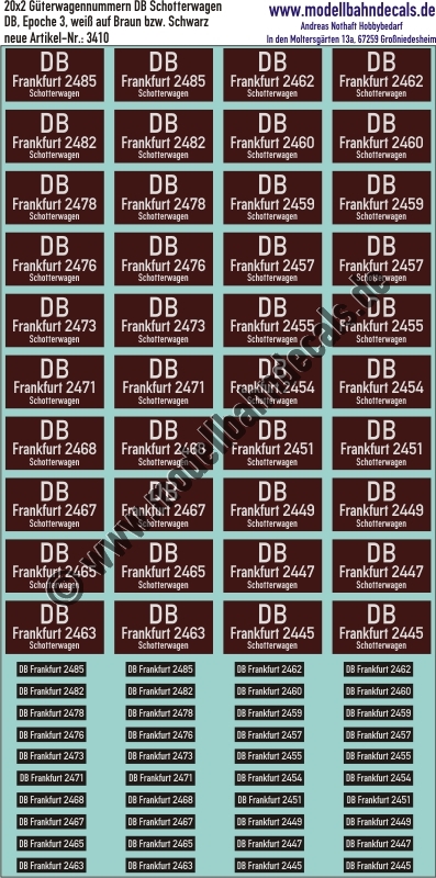 "Nass-Schiebebilder: 20x2 Güterwagennummern DB Talbot-Schotterwagen ""Frankfurt"", (Weiss auf Braun, bzw. auf Schwarz). Artikel-Nummer: 3410"