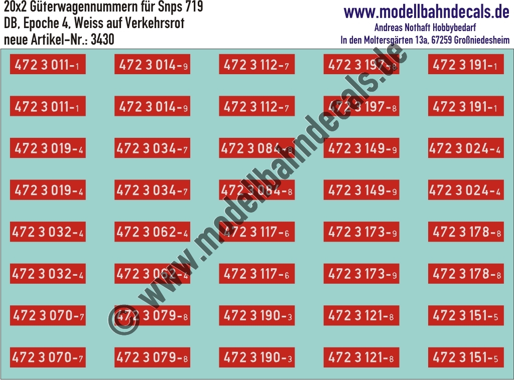 Nass-Schiebebilder: 20x2 Güterwagennummern DB Snps 719 (Weiss auf Rot). Artikel-Nummer: 3430