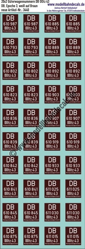 "Nass-Schiebebilder: 20x2 Güterwagennummern DB OOtz 43, (Weiss auf Braun). Artikel-Nummer: 3440"