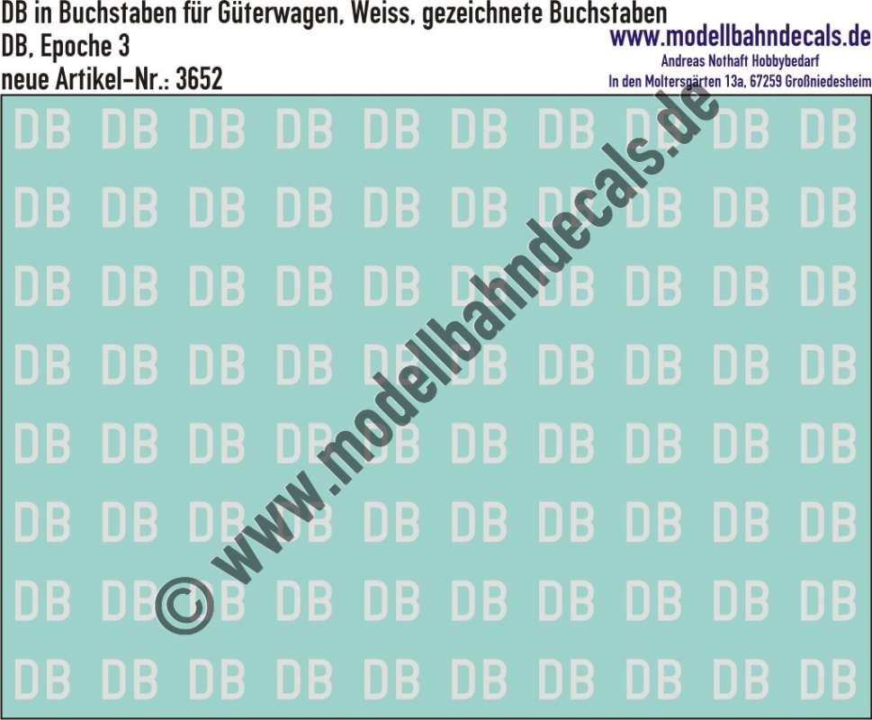 Nass-Schiebebilder: DB in Buchstaben für Güterwagen, Weiss, gezeichnete Buchstaben. Artikel-Nummer: 3652
