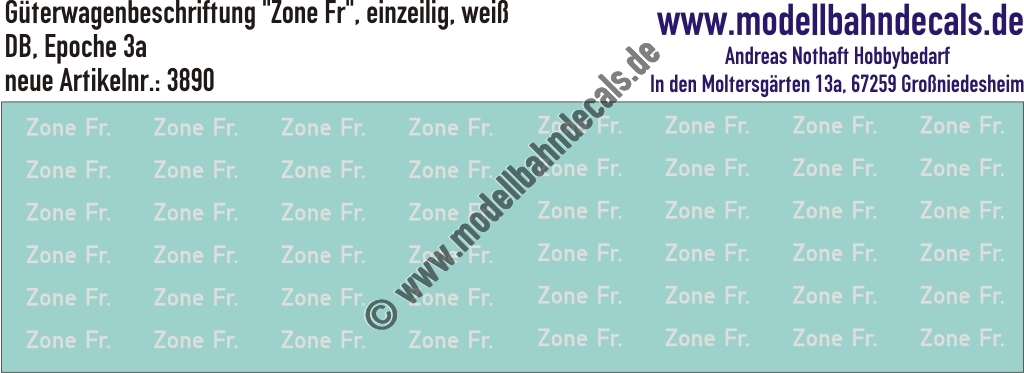 "Nass-Schiebebilder: Güterwagenbeschriftung ""Zone Fr"", einzeilig, Weiss. Artikel-Nummer: 3890"