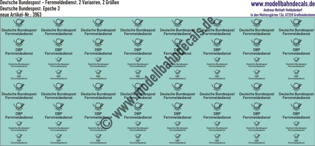"Nass-Schiebebilder: Deutsche Bundespost Fernmeldedienst, Schwarz, Epoche 3, 2 Varianten in je 2 Größen. Artikel-Nummer: 3963"