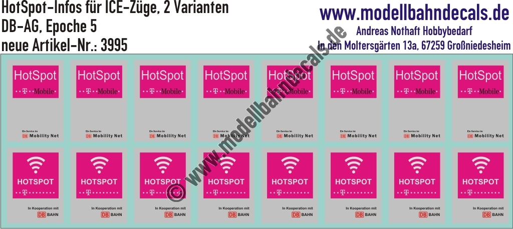 "Nass-Schiebebilder: Hot-Spot Infos für ICE-Züge in 2 Varianten, DB-AG, Epoche 5. Artikel-Nummer: 3995"