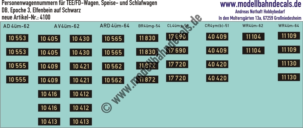 "Nass-Schiebebilder: Personenwagen-Nummern DB TEE/FD Wagen, Speise- und Schlafwagen DB, Elfenbein auf Schwarz. Artikel-Nummer: 4100"