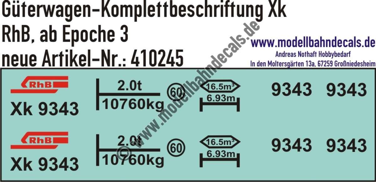 Nass-Schiebebilder: Güterwagen-Komplettbeschriftung Xk der RhB (Rhätische Bahn), Epoche 4, Epoche 4, Art. 410245