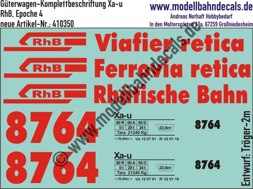Nass-Schiebebilder: Güterwagen-Komplettbeschriftung Xa-u (Schotterwagen) der RhB (Rhätische Bahn), Epoche 4, Epoche 4, Art. 410350