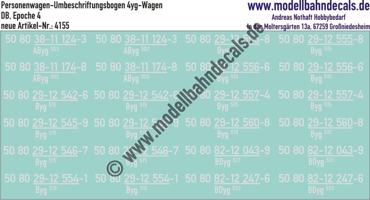 Nass-Schiebebilder: 12 Personenwagen-Nummern für 4yg-Wagen DB, Epoche 4, Weiss. Artikel-Nummer: 4155