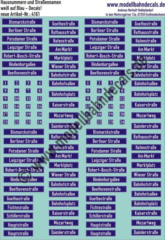 Decals: Hausnummern und Strassennamen Blau/Weiss mit Rahmen. Artikel-Nummer: 4161