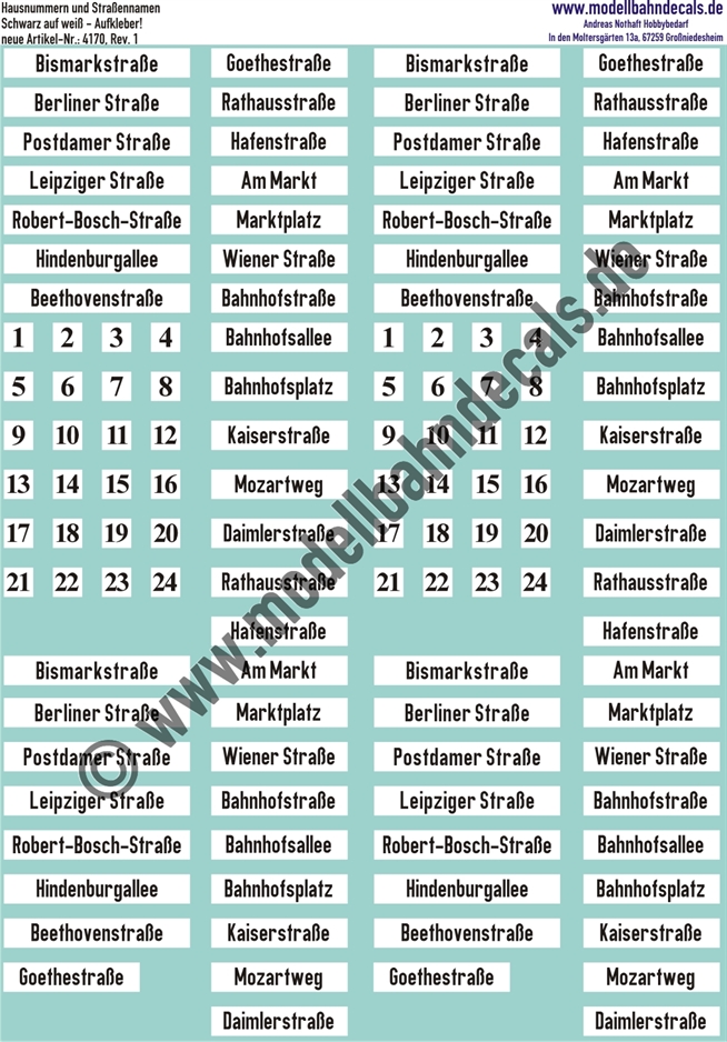 Aufkleber: Hausnummern und Strassennamen Weiss/Schwarz. Artikel-Nummer: 4170