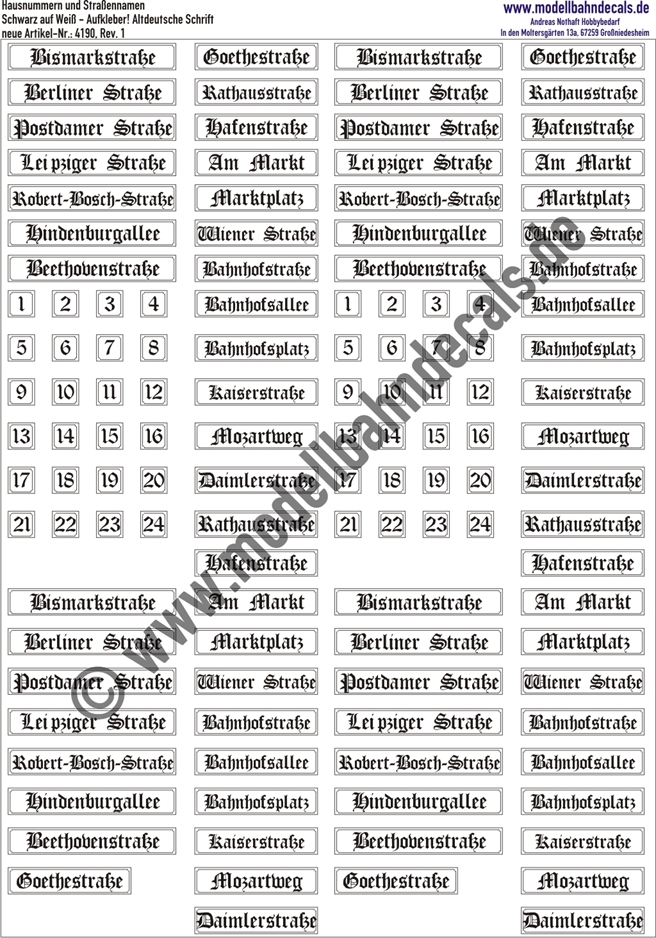Aufkleber: Hausnummern und Strassennamen Weiss/Schwarz Epoche 2. Artikel-Nummer: 4190