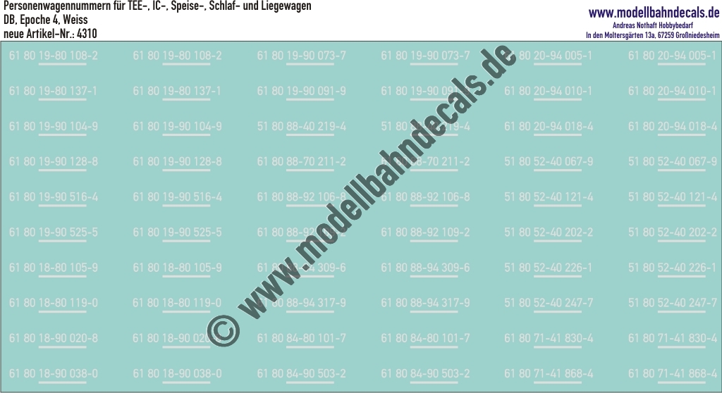 "Nass-Schiebebilder: 30 Personenwagen-Nummern TEE-, IC-, Speise-, Schlaf- und Liegewagen, DB, Weiss. Artikel-Nummer: 4310"