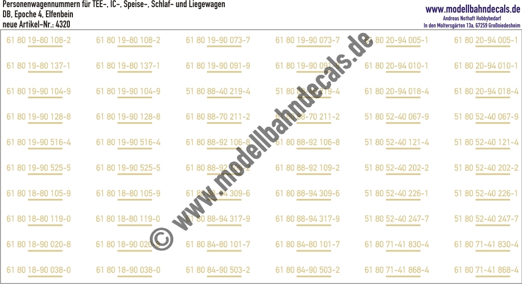"Nass-Schiebebilder: 30 Personenwagen-Nummern TEE-, IC-, Speise-, Schlaf- und Liegewagen, DB, Elfenbein. Artikel-Nummer: 4320"