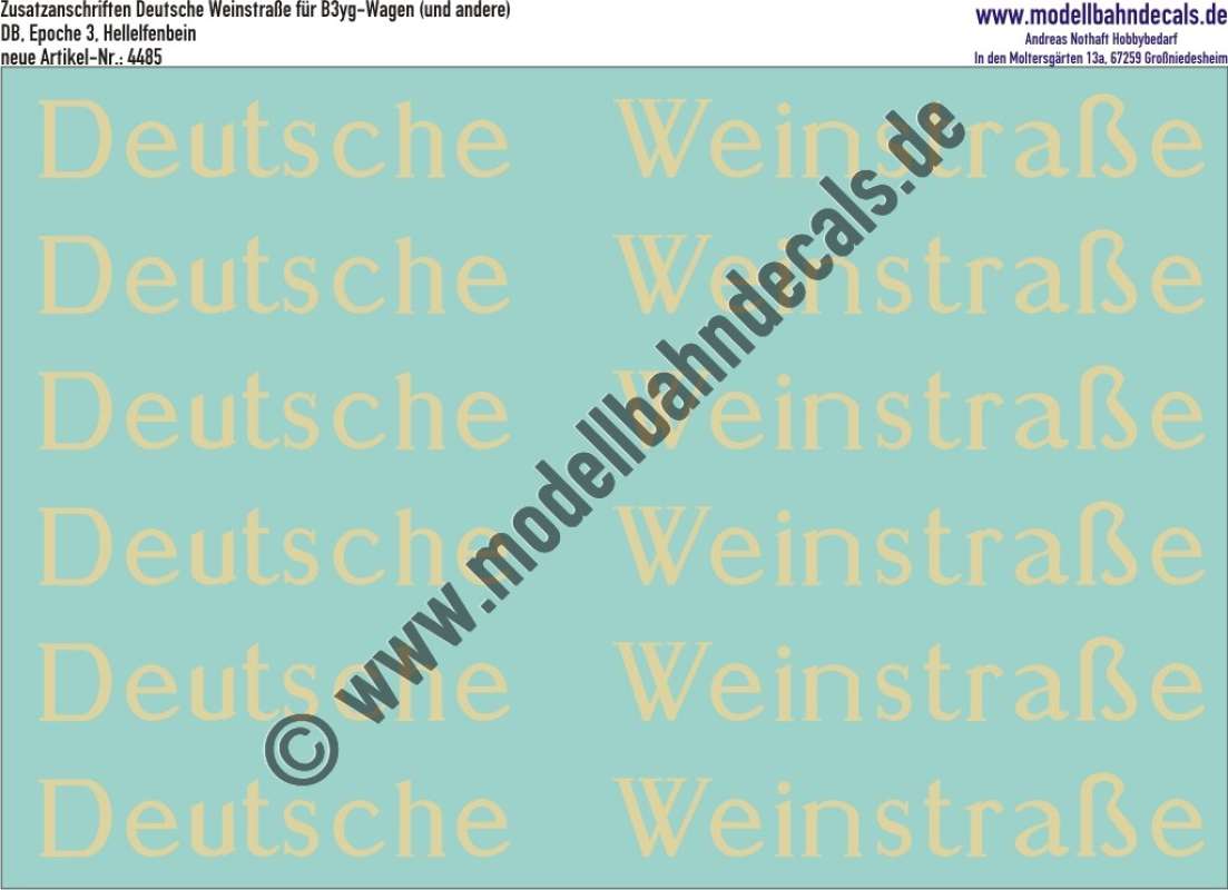 Nass-Schiebebilder: 6 Stück Anschriften "Deutsche Weinstraße", Hellelfenbein, DB, Epoche 3. Artikel-Nummer: 4485