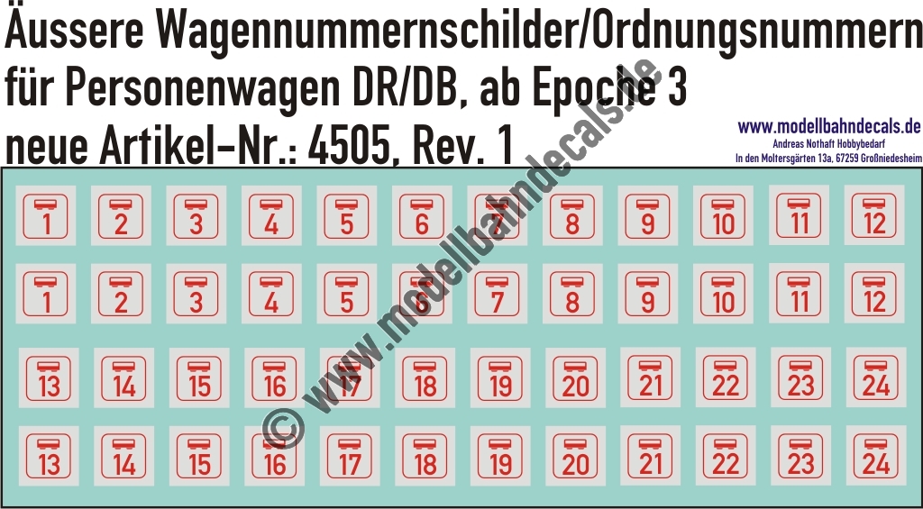 "Nass-Schiebebilder: äussere Wagennummernschilder,Ordnungsnummern für Personenwagen, Rot auf Weiss, Nummernänderungen sind gegen Aufpreis möglich.. Artikel-Nummer: 4505"