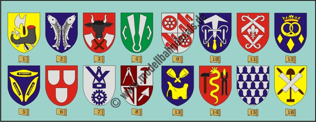 "Nass-Schiebebilder: 16 Zunftwappen z.B. für Maibäume, Häuserfassaden, etc., passt auch zu: Trix 24072. Artikel-Nummer: 4510"