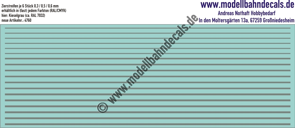 "Nass-Schiebebilder: Zierstreifen 0,3/0,5/0,6 mm RAL 7032 (Kieselgrau). Artikel-Nummer: 4760"