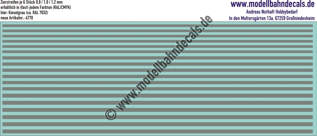 "Nass-Schiebebilder: Zierstreifen 0,8/1,0/1,2 mm RAL 7032 (Kieselgrau). Artikel-Nummer: 4770"