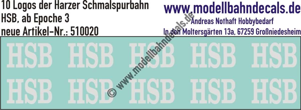 Nass-Schiebebilder: Logos der HSB (Harzer Schmalspurbahn) Weiss. Entwurf: Tröger-2m, Artikel-Nr. 510020