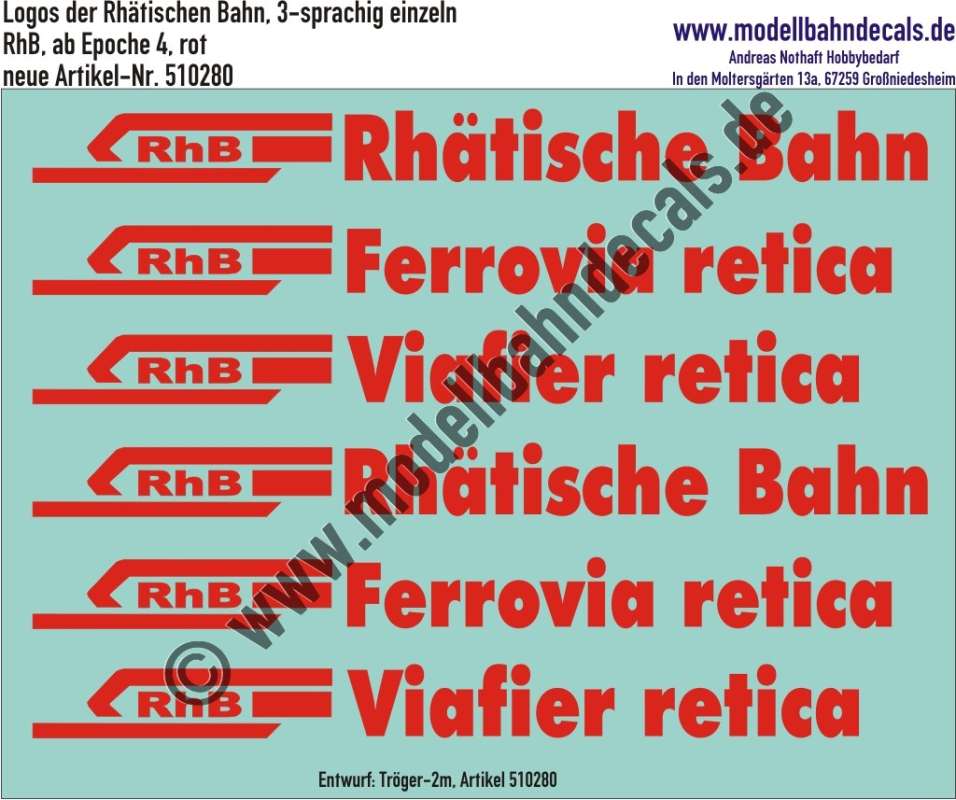 Nass-Schiebebilder: Logos der Rhätischen Bahn, 3-sprachig einzeln, RhB, ab Epoche 4, Rot, Entwurf: Tröger-2m, Art. 510280.
