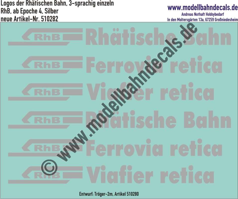 Nass-Schiebebilder: Logos der Rhätischen Bahn, 3-sprachig einzeln, RhB, ab Epoche 4, Silber, Entwurf: Tröger-2m, Art. 510282.