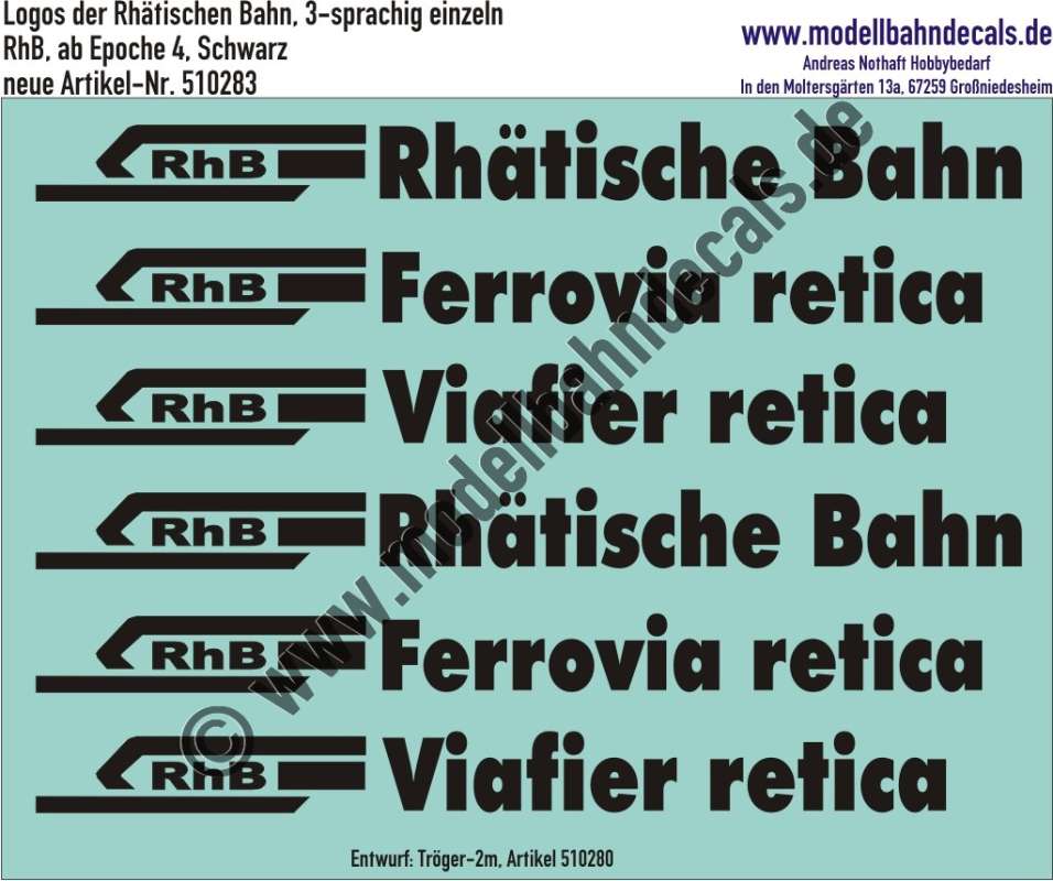 Nass-Schiebebilder: Logos der Rhätischen Bahn, 3-sprachig einzeln, RhB, ab Epoche 4, Schwarz, Entwurf: Tröger-2m, Art. 510283.