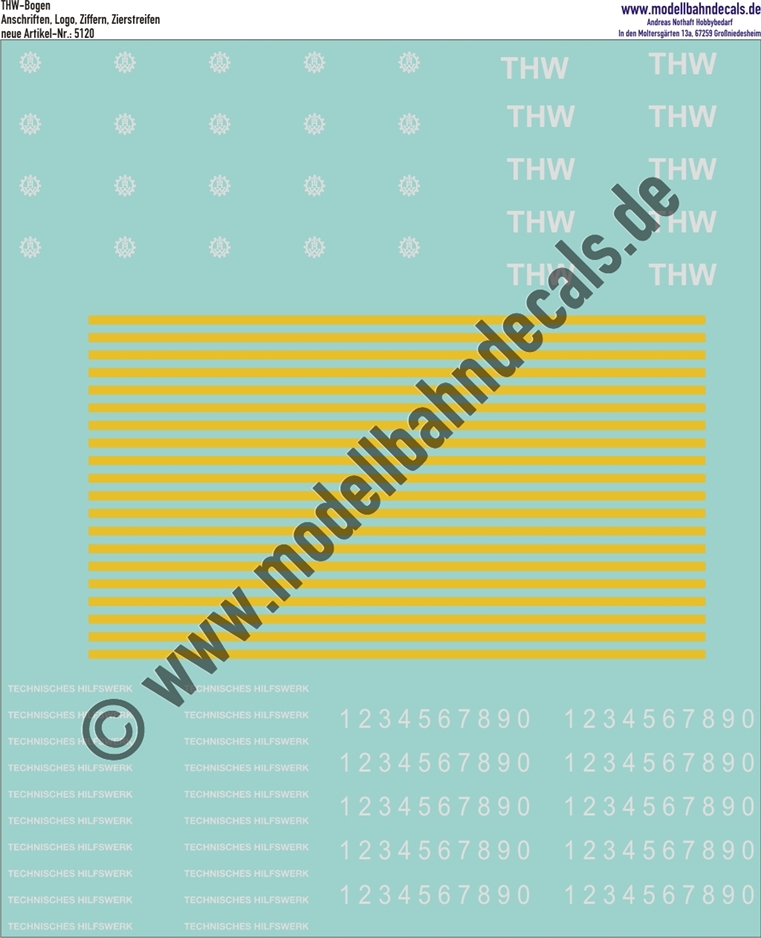 "Nass-Schiebebilder: THW-Bogen, Anschriften, Logo, Ziffern Weiss, Zierstreifen Dunkelgelb. Artikel-Nummer: 5120"