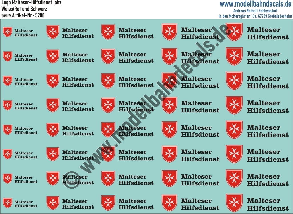 "Nass-Schiebebilder: Malteser 5 verschiedene Größen, altes Logo. Artikel-Nummer: 5280"