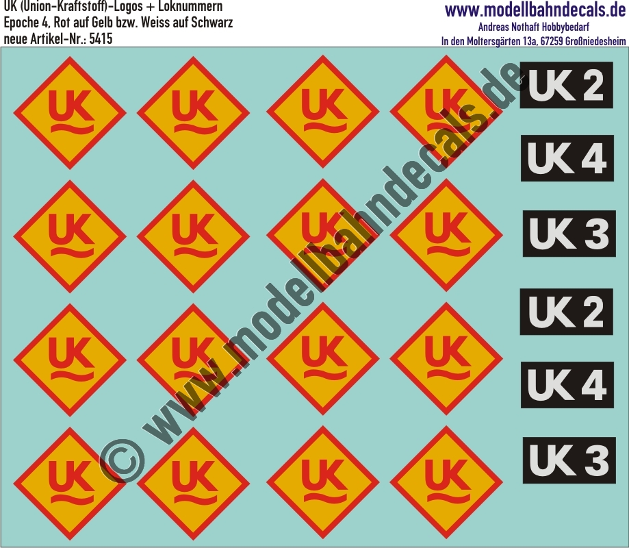 "Nass-Schiebebilder: UK (Union-Kraftstoffe Wesseling), Rot auf Gelb und Fahrzeugnummern Weiss auf Schwarz. Artikel-Nummer: 5415"